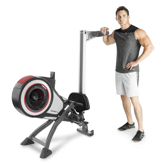 Foldable turbine rowing machine for full-body cardio and strength training with foldable frame and built-in monitor