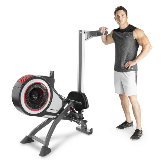 Foldable turbine rowing machine for full-body cardio and strength training with foldable frame and built-in monitor