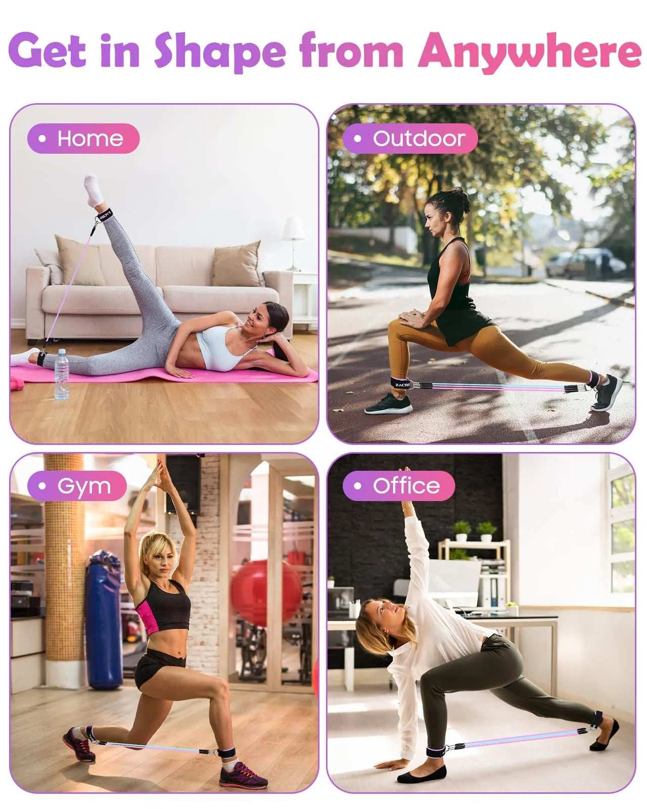 Ankle resistance bands set with 3-level tube bands and padded cuffs for legs and glutes workouts