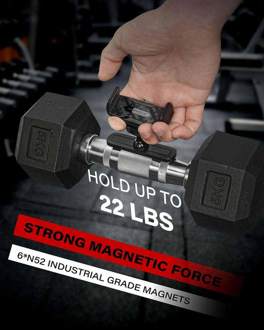 Magnetic Phone Holder for Gym, Alloy Base and Joint for Strong Hold, 360° Adjustable, Compatible with 4.7-6.5 Inch Iphone & Android Phones, Secure Workout Equipment Accessory for Men Women