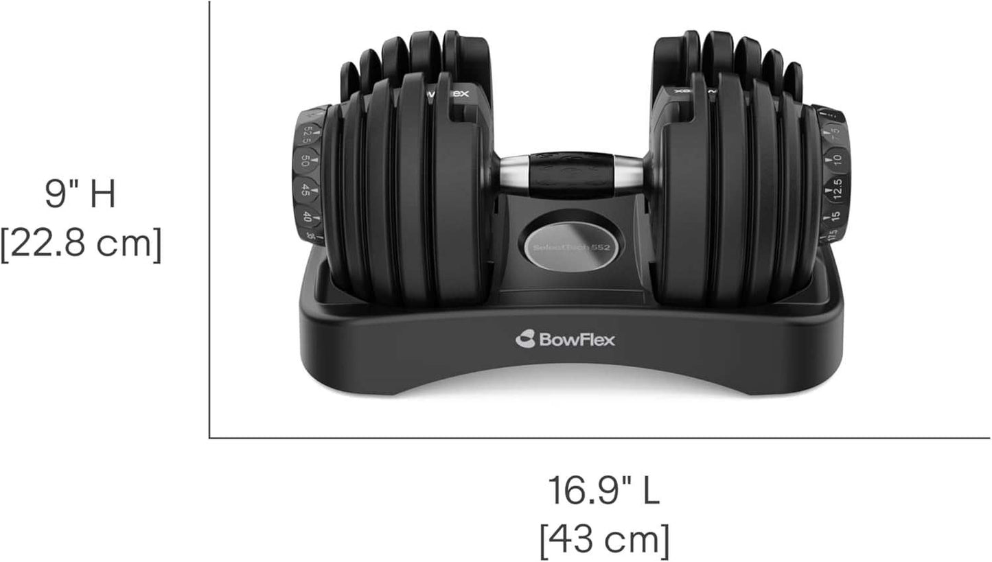 Bowflex SelectTech 552 adjustable dumbbells set with dial weight selector and storage trays