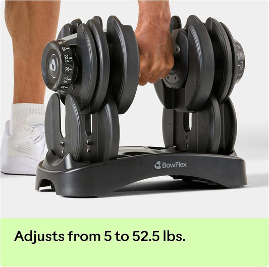 Bowflex SelectTech 552 adjustable dumbbells set from 5 to 52.5 lb with ergonomic handles and storage trays