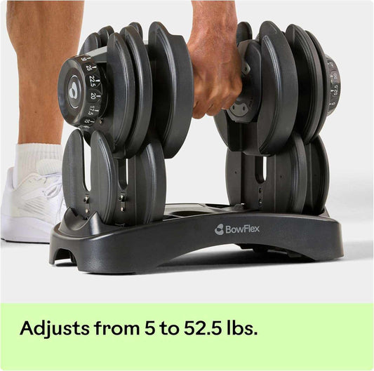 Bowflex SelectTech 552 adjustable dumbbells set from 5 to 52.5 lb with ergonomic handles and storage trays