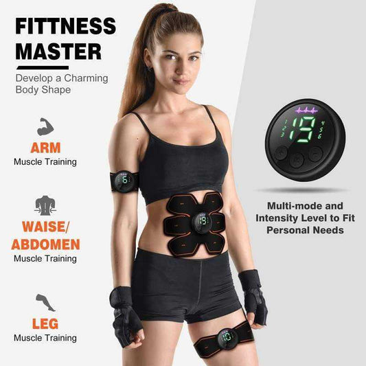 USB rechargeable ABS stimulator and muscle toner using EMS technology for abs, arms, and legs, compact and portable