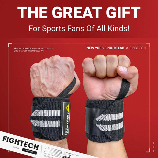 Black 18" wrist wraps with thumb loop and hook-and-loop closure for powerlifting and strength training support