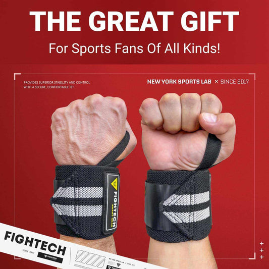 Black 18" wrist wraps with thumb loop and hook-and-loop closure for powerlifting and strength training support