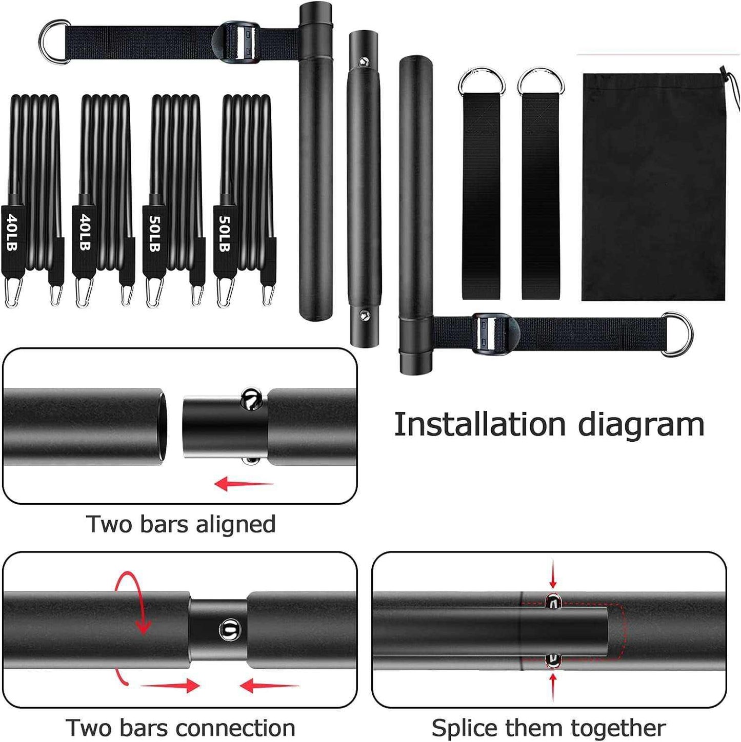 Pilates Bar Kit with Resistance Bands — 3‑Section Adjustable Bar, 40 lb and 50 lb Options