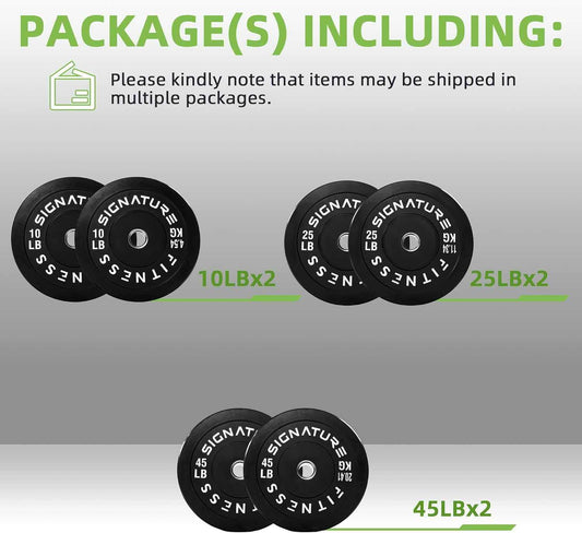 Olympic bumper plates set with 2-inch center hole and labeled weights for strength training