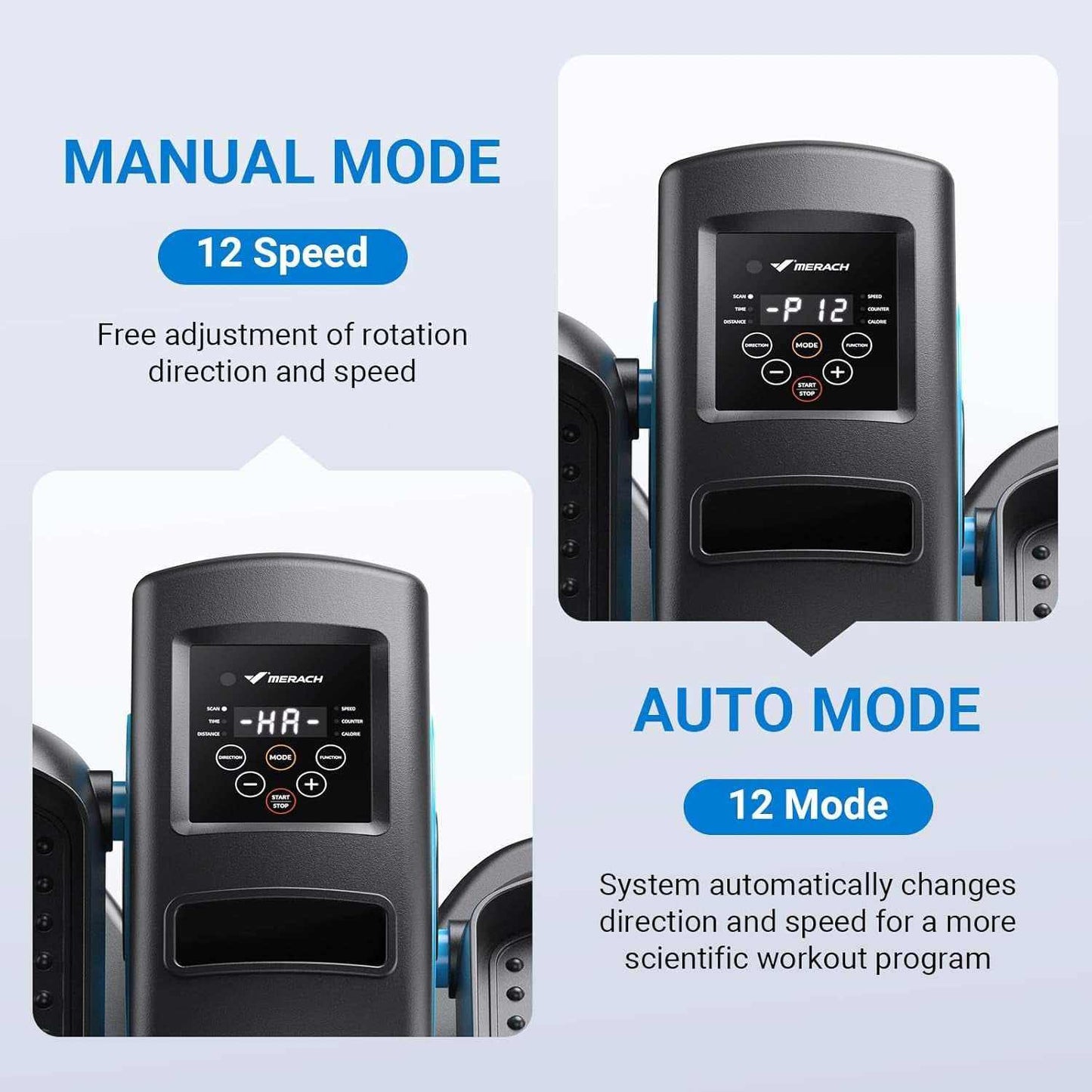 Portable under desk elliptical machine with remote control and 12 auto modes for seated exercise.