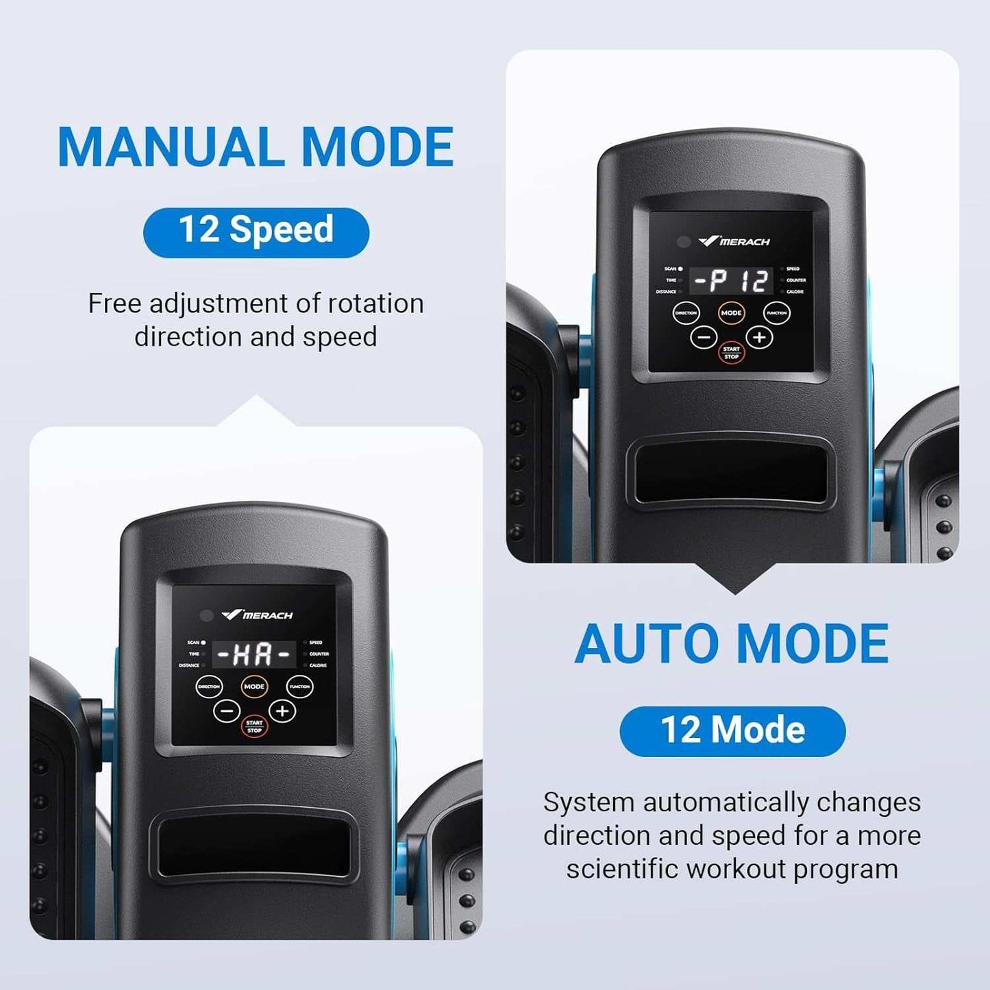 Portable under desk elliptical machine with remote control and 12 auto modes for seated exercise.