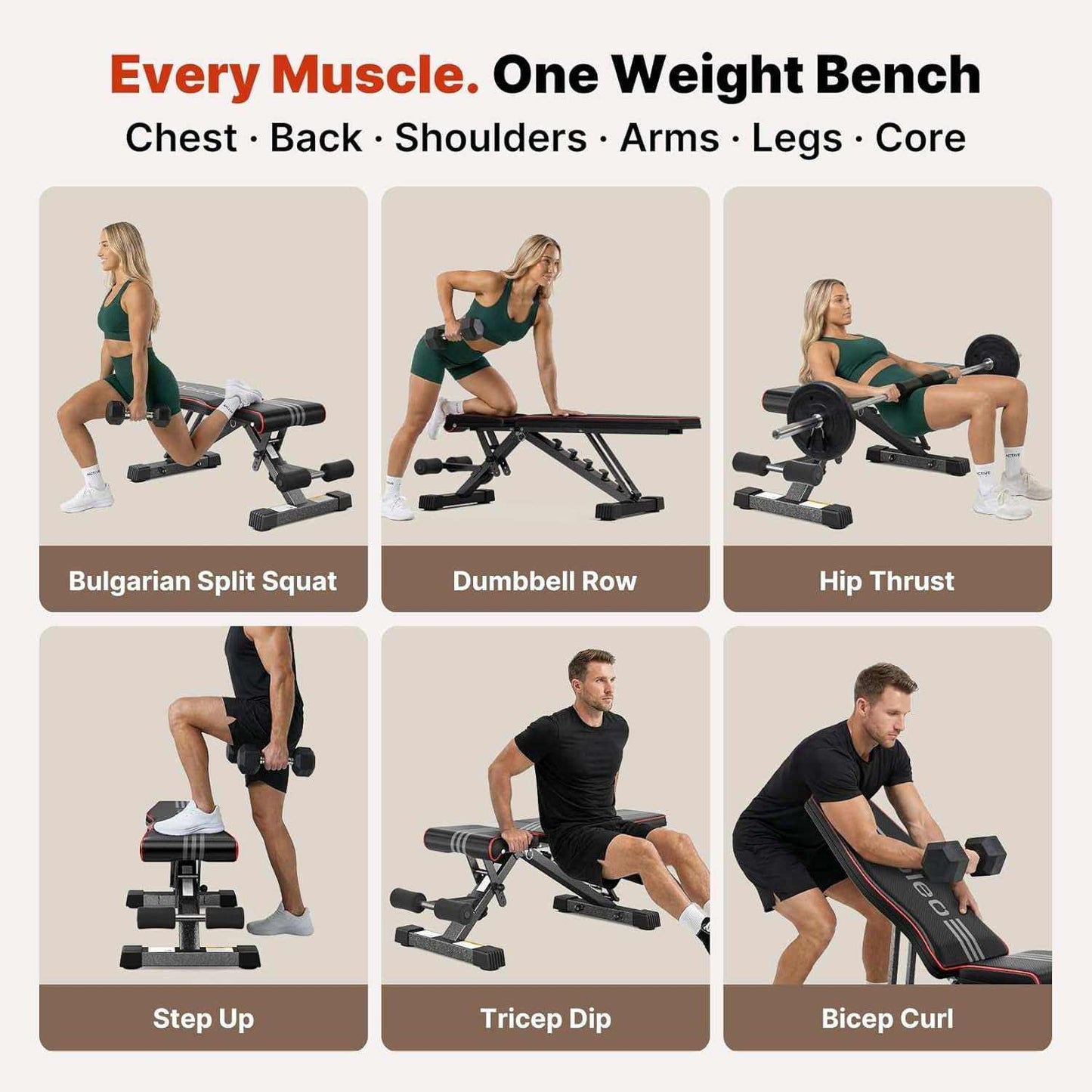 Adjustable Weight Bench for Home Gym, Astm-Certified 827LBS, 98% Pre-Assembled, Foldable Gym Bench with 84 Positions Incline Decline Flat, Wider Seat