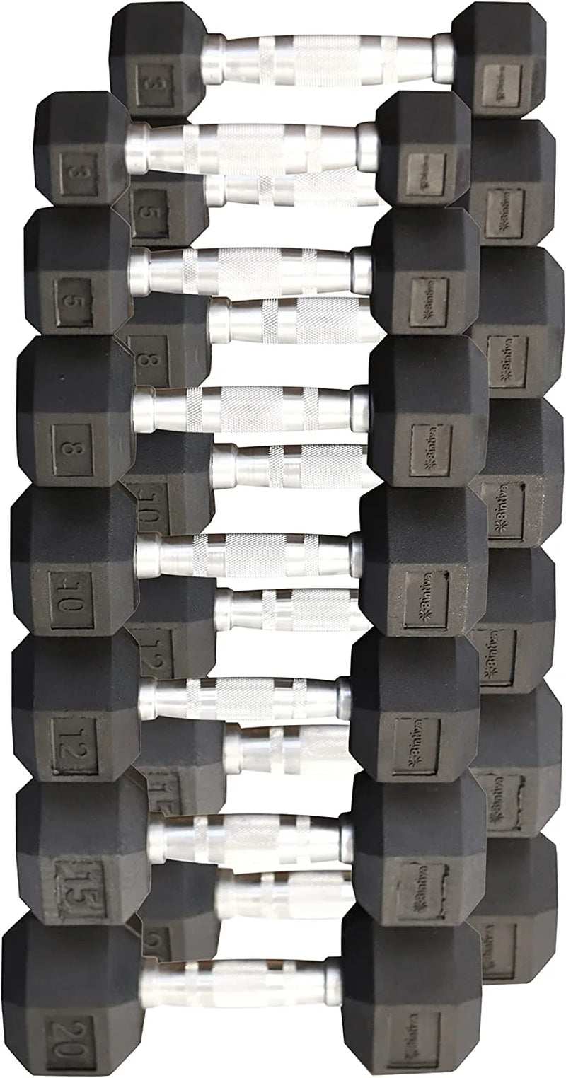 Set of rubber coated hex dumbbells with non-slip grip for home gym workouts