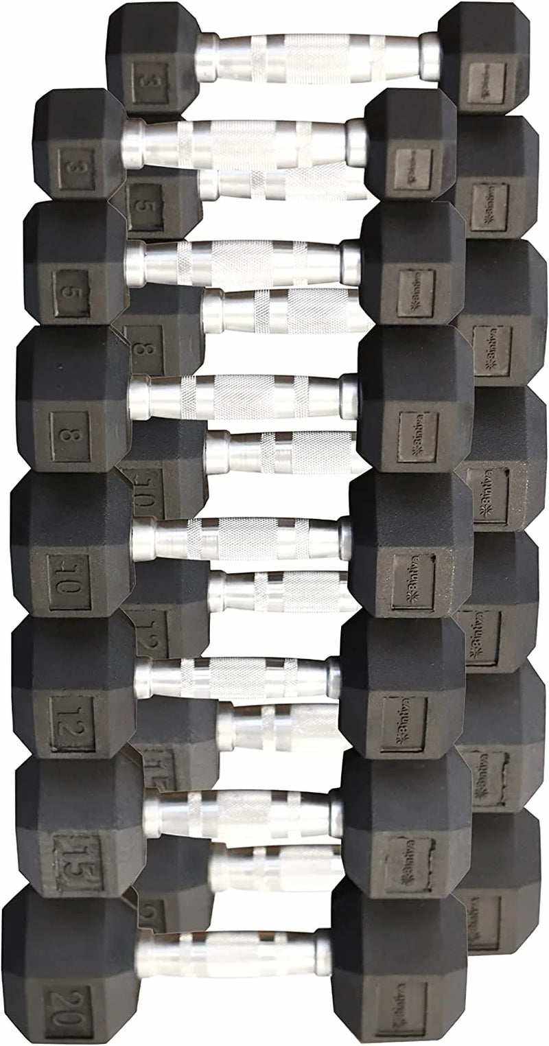 Set of rubber coated hex dumbbells with non-slip grip for home gym workouts