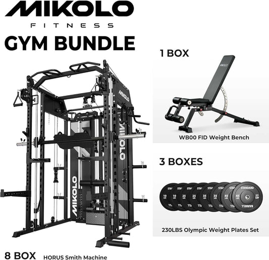 Mikolo Smith Machine dual 264 lb weight stack 10-station all-in-one home gym with steel frame and multiple attachments