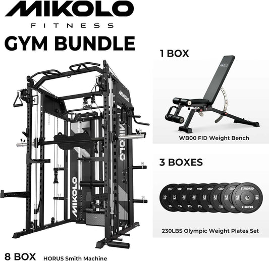 Mikolo Smith Machine dual 264 lb weight stack 10-station all-in-one home gym with steel frame and multiple attachments