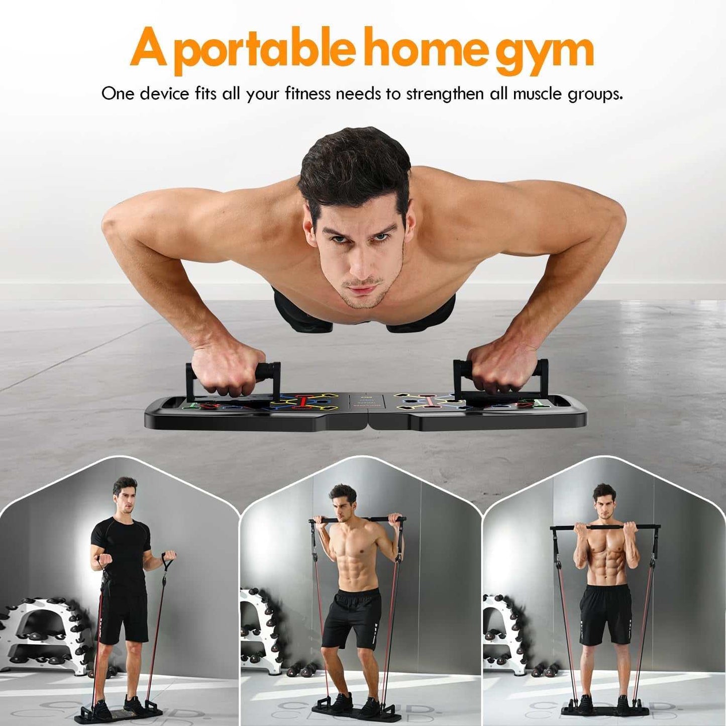 Push Up Board Home Gym Kit with resistance bands, ab roller, and 20 accessories for full-body workouts