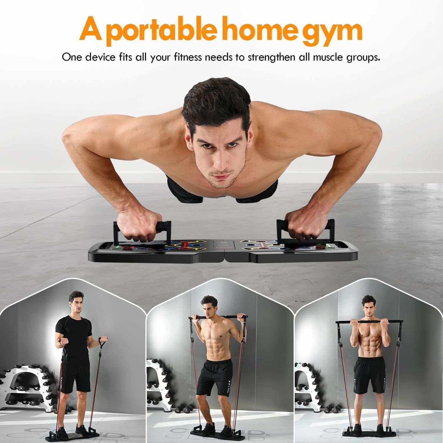 Push Up Board Home Gym Kit with resistance bands, ab roller, and 20 accessories for full-body workouts