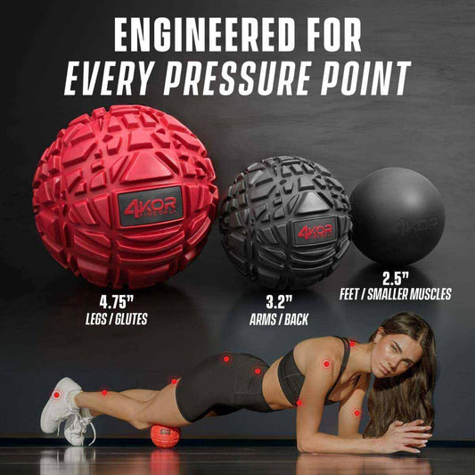 4KOR Massage Ball Set with three textured balls for trigger point therapy and myofascial release targeting full-body muscle recovery