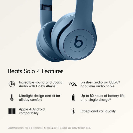 Experience Unmatched Sound with Beats Solo 4 Wireless On-Ear Bluetooth Headphones - Slate Blue, 50-Hour Battery Life, and Ultra-Lightweight Comfort for All-Day Listening