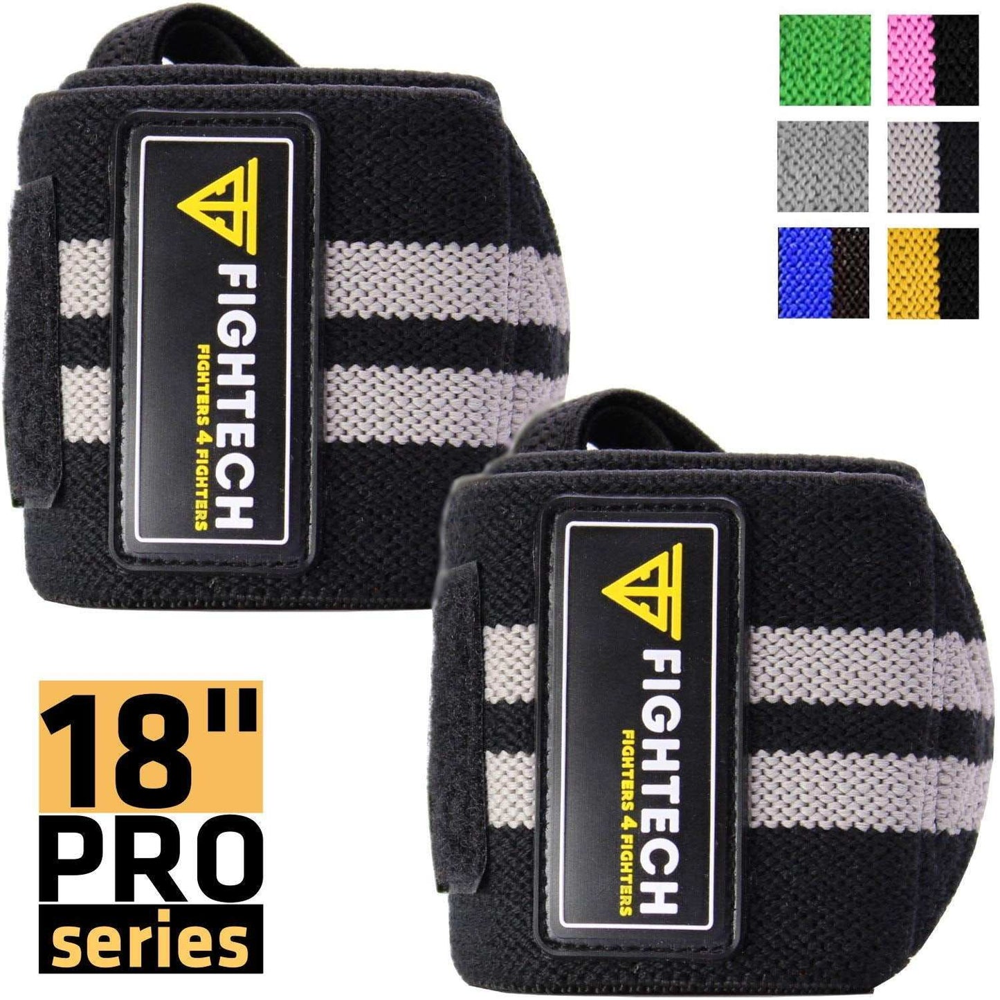 Black 18" wrist wraps with thumb loop and hook-and-loop closure for weightlifting support