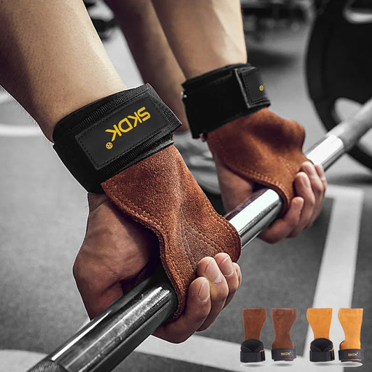 Gym Grips for Men Women Cowhide Palm Guards Weightlifting Fitness Workout Gloves Grips with Wrist Wraps Training Equipment