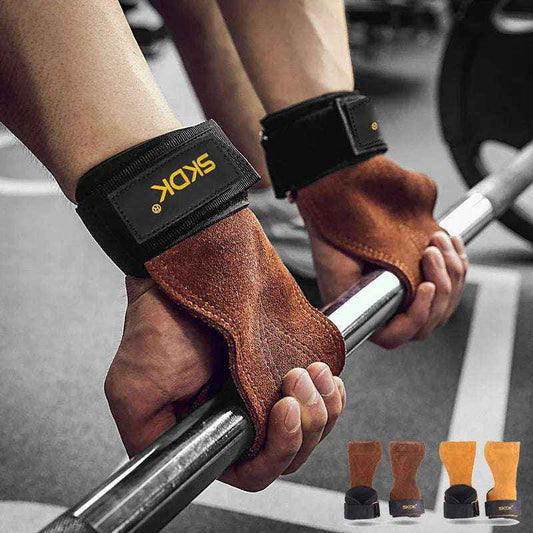 Cowhide gym grips with wrist wraps for weightlifting hand protection and support