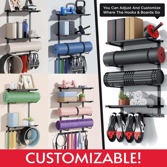 Wall-mounted home gym storage organizer with adjustable black carbon steel boards and accessory hooks holding Peloton shoes, yoga mats, and fitness gear