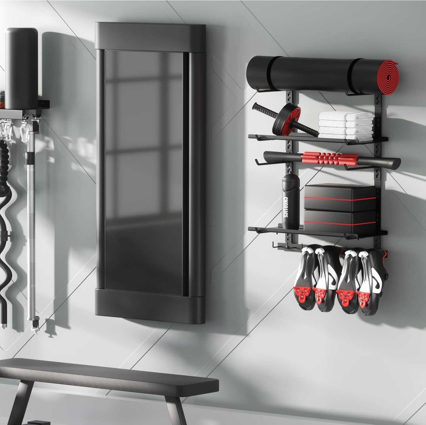 Home Gym Storage Shelf Only, Adjustable Gym Equipment Organizer Wall Mounted with 2 Boards, Yoga Mat Holder, Storage Rack Compatible with Peloton Shoes & Mat, Shelf for Home Training Accessories