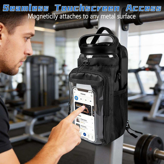 Magnetic Gym Bag, Magnetic Gym Water Bottle Bag with Strap 4 Strong Magnets, Upgraded Clear Design Phone Bag, Gym Gifts for Men & Women Gym Accessories (Black)
