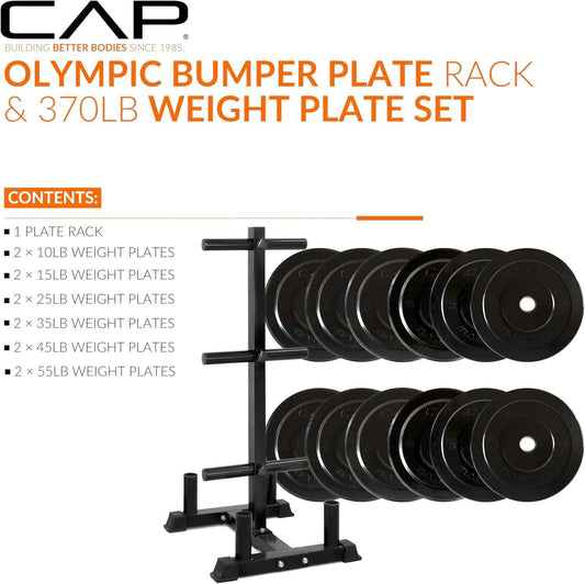 CAP 2-inch Olympic bumper plate weight set with storage rack in multiple colors