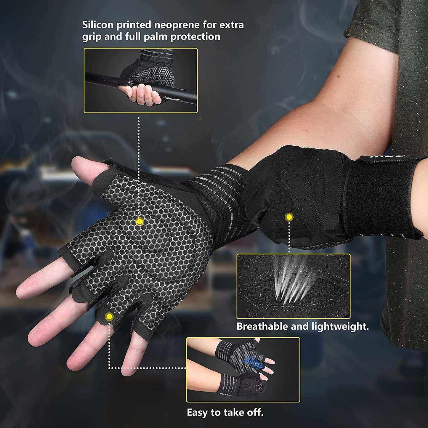 Ventilated weight lifting gloves with wrist wrap and full palm protection for gym workouts