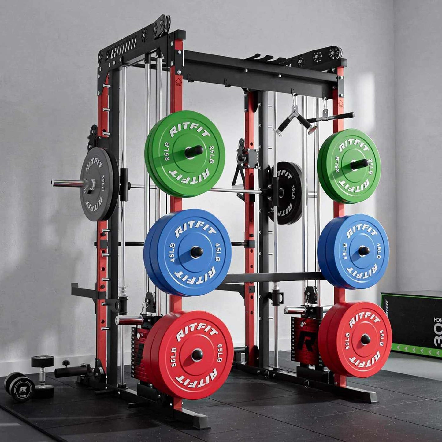 M1 Pro Smith Machine all-in-one power cage with weight stack and cable crossover for versatile home gym workouts