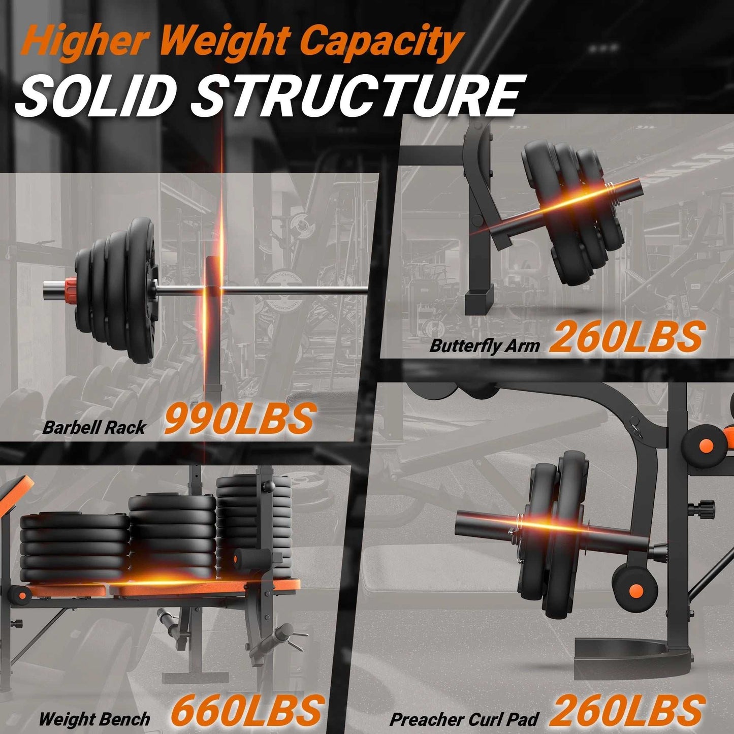 6-in-1 adjustable weight bench with barbell rack and leg developer for versatile home gym workouts