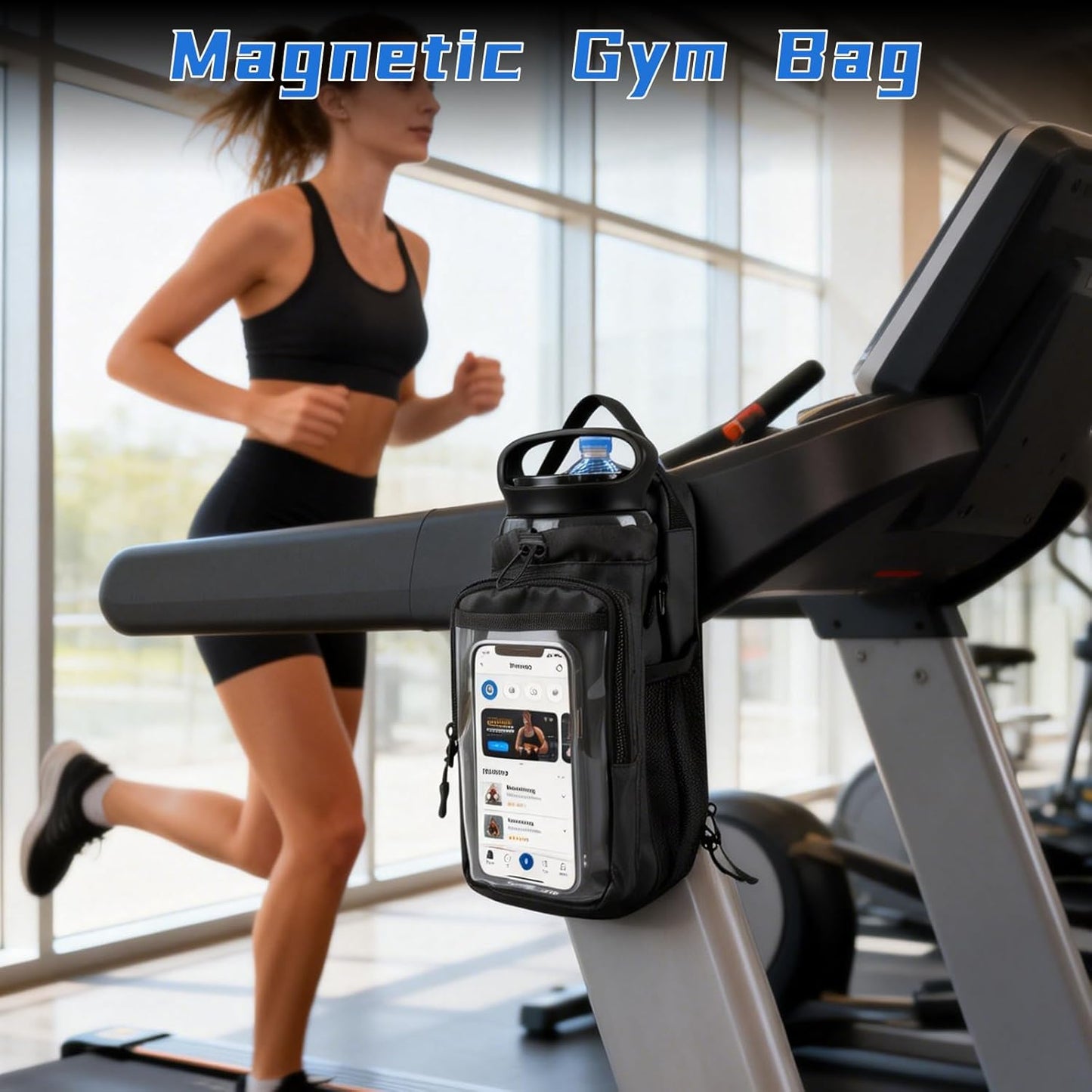 Magnetic Gym Bag, Magnetic Gym Water Bottle Bag with Strap 4 Strong Magnets, Upgraded Clear Design Phone Bag, Gym Gifts for Men & Women Gym Accessories (Black)