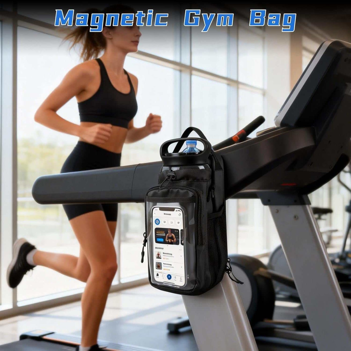 Magnetic Gym Bag, Magnetic Gym Water Bottle Bag with Strap 4 Strong Magnets, Upgraded Clear Design Phone Bag, Gym Gifts for Men & Women Gym Accessories (Black)