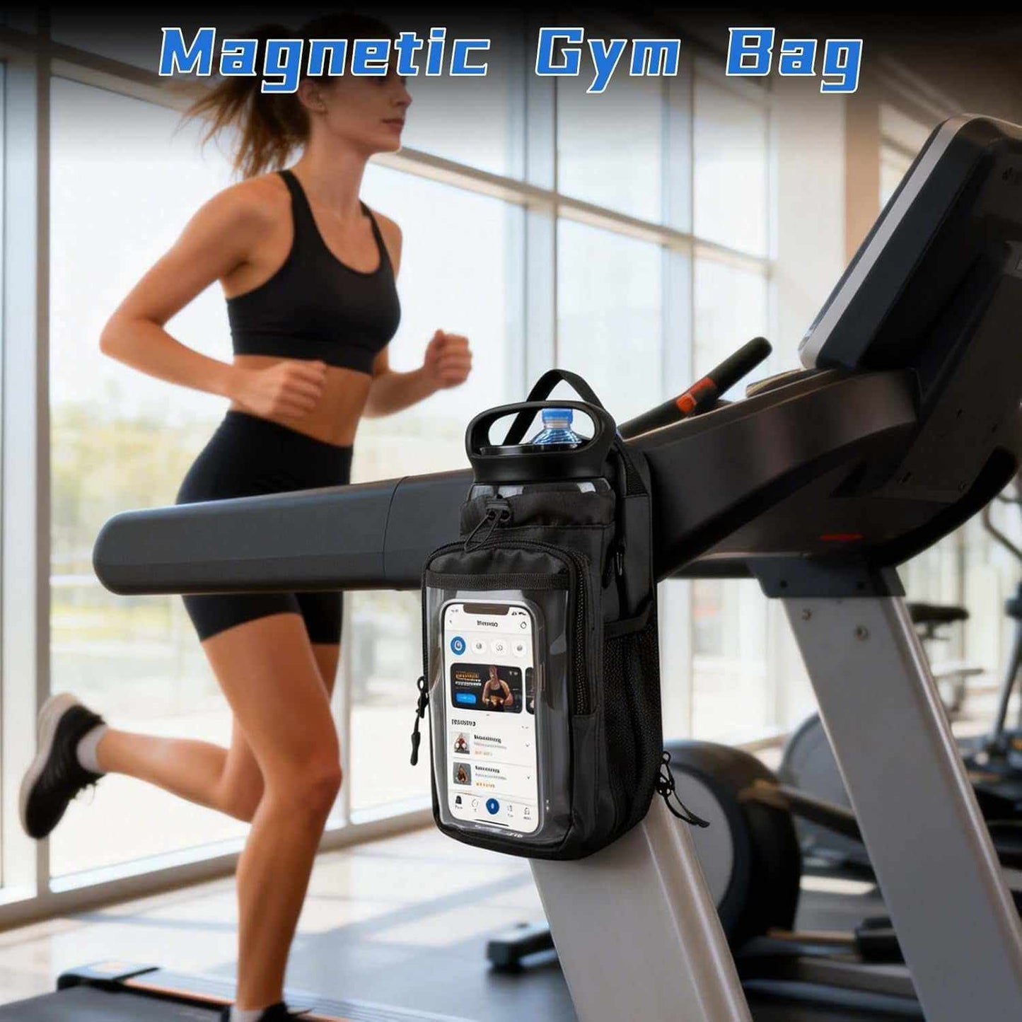 Compact Vitelle magnetic gym bag with phone window and water bottle holder for organized workouts