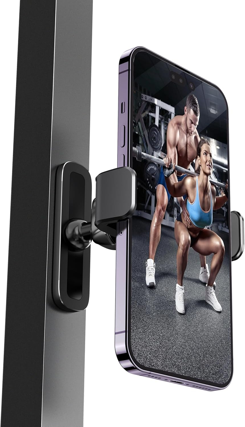 Magnetic Phone Holder for Gym, Alloy Base and Joint for Strong Hold, 360° Adjustable, Compatible with 4.7-6.5 Inch Iphone & Android Phones, Secure Workout Equipment Accessory for Men Women