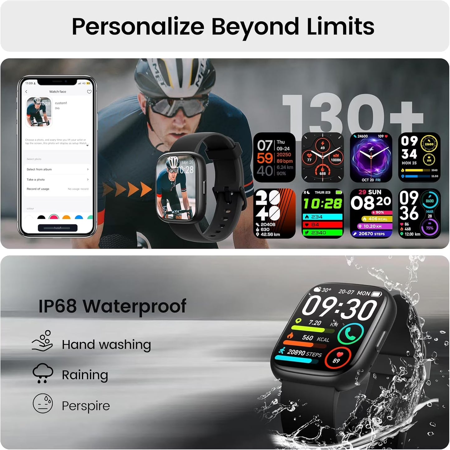 Smart Watch with Alexa Built‑In, 1.83” HD Display, Bluetooth Call, Fitness Tracker with 120+ Sports Modes, IP68 Waterproof Activity Watch for Android & iPhone – Black