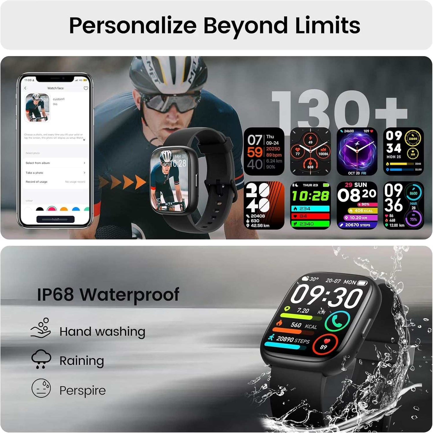 Smart Watch with Alexa Built‑In, 1.83” HD Display, Bluetooth Call, Fitness Tracker with 120+ Sports Modes, IP68 Waterproof Activity Watch for Android & iPhone – Black