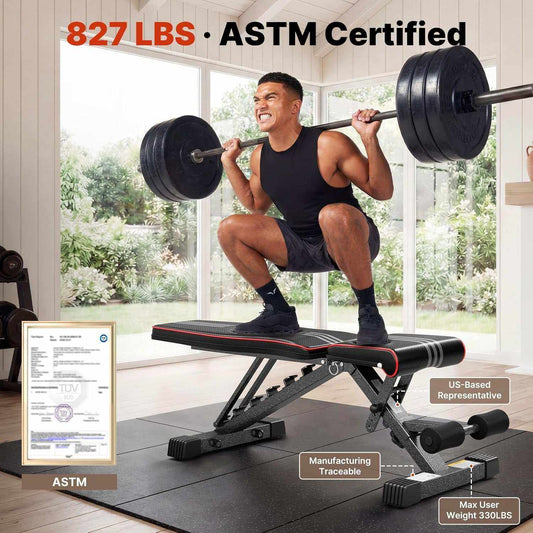 Adjustable Weight Bench for Home Gym, Astm-Certified 827LBS, 98% Pre-Assembled, Foldable Gym Bench with 84 Positions Incline Decline Flat, Wider Seat