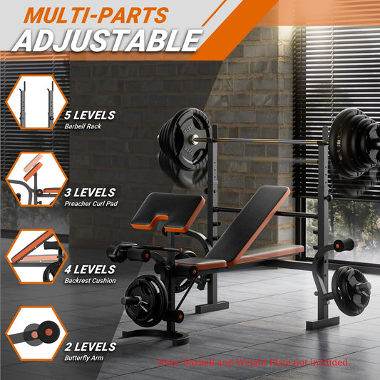 6-In-1 Multi-Purpose Adjustable Weight Bench Workout Bench Set with Barbel Rack and Leg Developer for Home Gym Full Body Training(Excluding Barbell and Weight Plate)