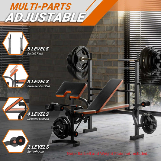 6-in-1 adjustable weight bench with barbell rack and leg developer for versatile home gym workouts