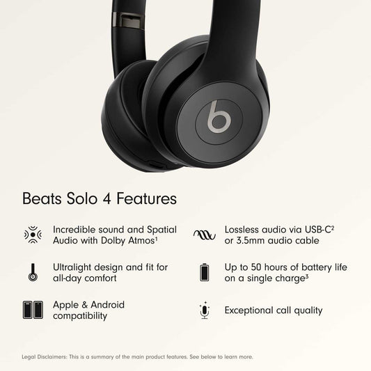 Solo 4 Wireless On-Ear Bluetooth Headphones with Up to 50-Hour Battery Life, Ultra-Lightweight Design, and Enhanced Sound Quality, Compatible with Apple and Android - Matte Black