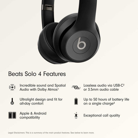 Solo 4 Wireless On-Ear Bluetooth Headphones with Up to 50-Hour Battery Life, Ultra-Lightweight Design, and Enhanced Sound Quality, Compatible with Apple and Android - Matte Black