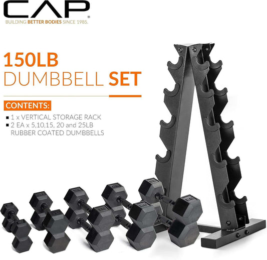 Vitelle Rubber Coated Hex Dumbbell Set with ergonomic grips on vertical storage rack in home gym