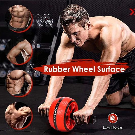 Dual-Wheel Ab Roller with wide twin wheels, ergonomic foam handles, and cushioned knee pad for stable core workouts
