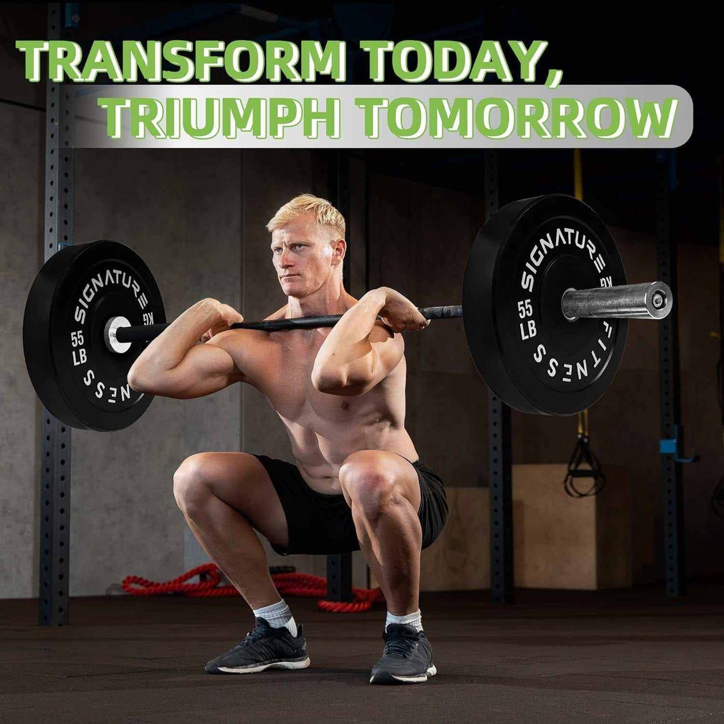 Olympic bumper plates set with 2-inch center hole and barbell for weightlifting