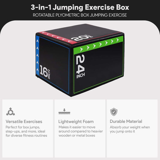 3-In-1 Foam Plyometric Jump Box for Home Gym with Multiple Height Options – Versatile Plyo with Non-Slip Surface for Strength, HIIT, Step-Ups, and Agility Training