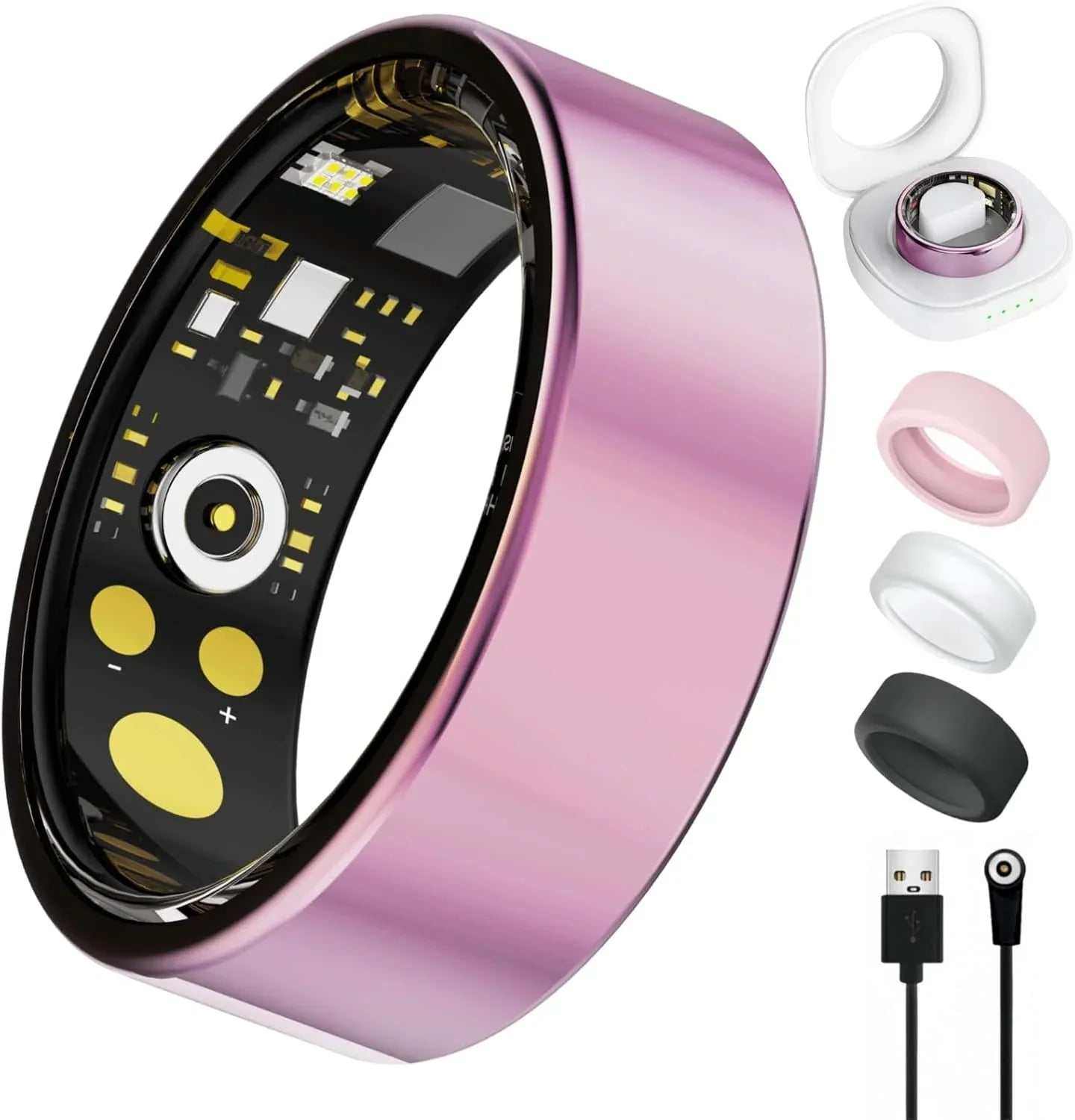 Rose Gold Smart Health Tracker Ring size 12 displaying heart rate and activity tracking features