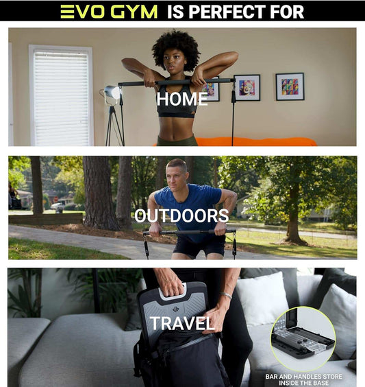 EVO Gym - Portable Home Gym Strength Training Equipment, at Home Gym | All in One Gym - Resistance Bands, Base Holds Gym Bar & Handles for Travel | Portable Gym & Home Exercise Equipment